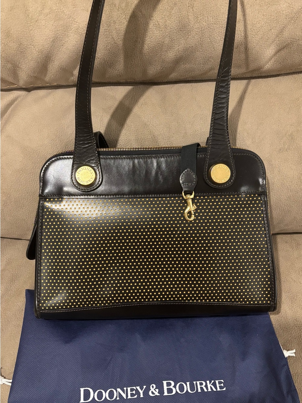 Dooney & Bourke Dark Brown Leather Shoulder Bag with Gold Dot Detail